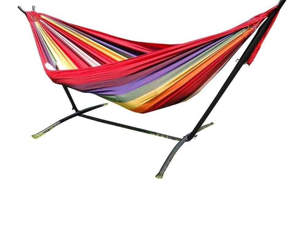 Brazilian double hammock in hot colors on a universal black metal stand