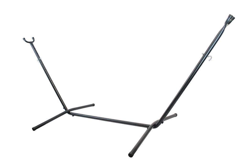 Universal hammock stand for non-spreader bar hammocks, black metal frame on white background