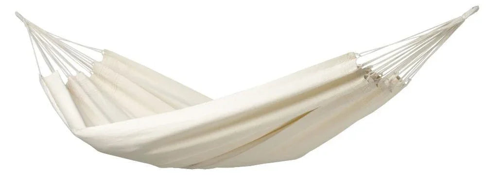 Brazilian natural double hammock in off-white cotton fabric, spread and empty on white background