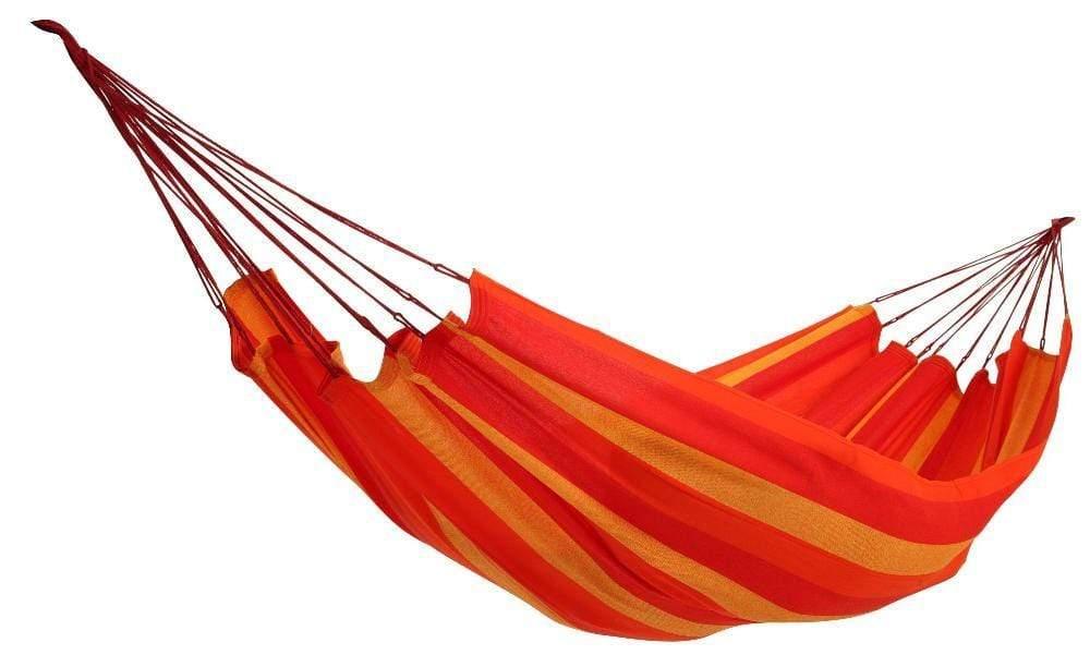 Brazilian double hammock with red, orange, and yellow stripes against white background