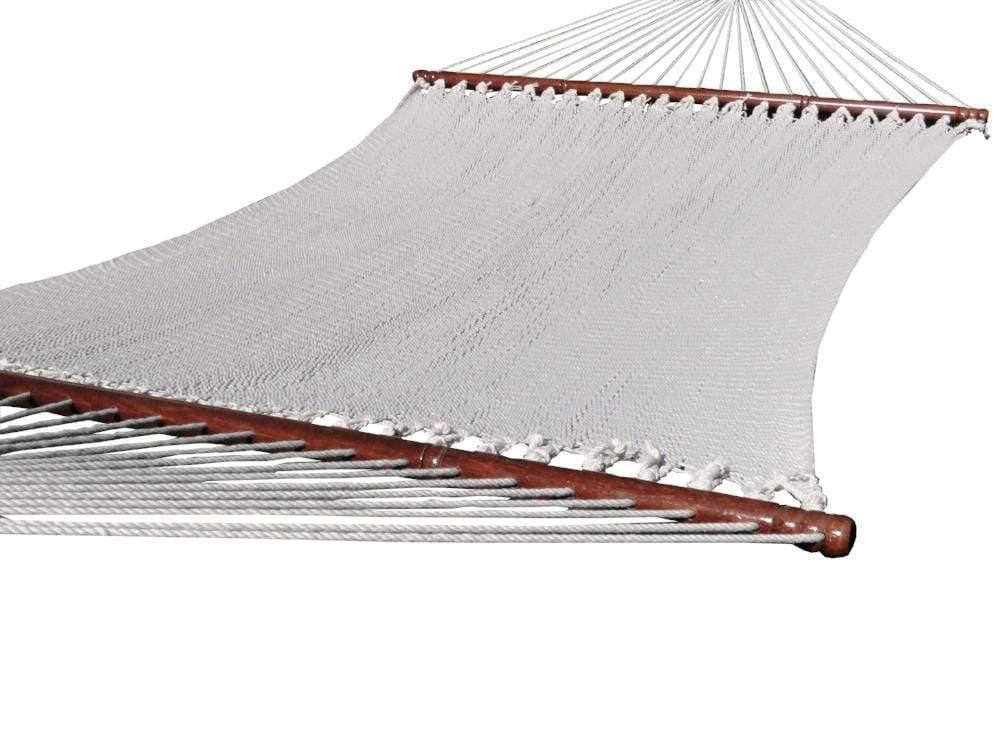 Polyester rope hammock with wooden spreader bars on white background