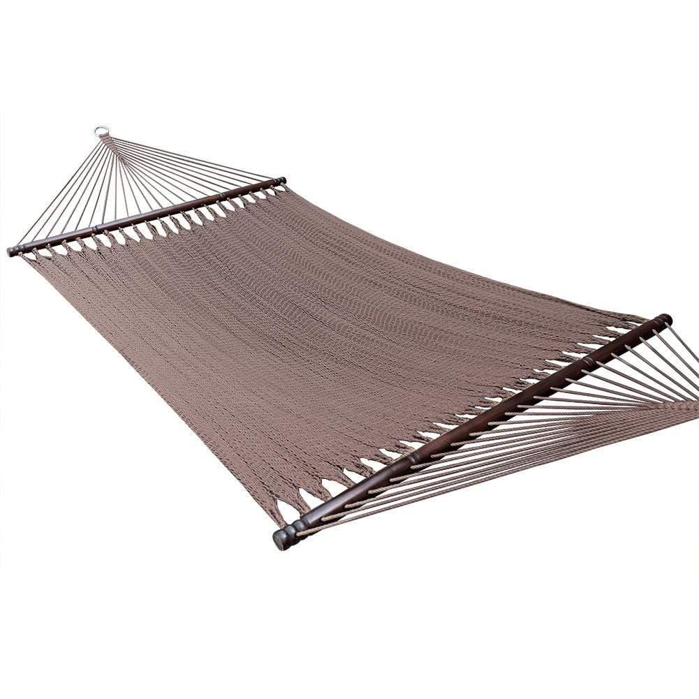 Coffee-colored polyester rope hammock with wooden spreader bars on a white background