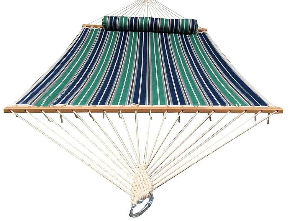 Quilted hammock with green, blue, grey, and white stripes and matching head pillow