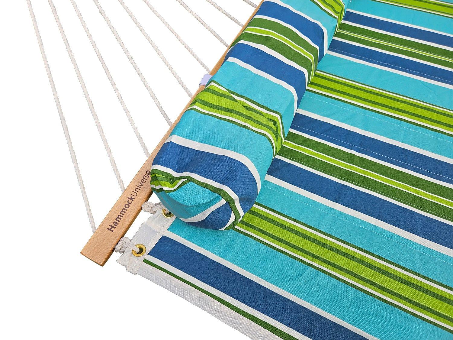 Striped blue and green hammock with pillow and wood spreader bar, Hammock Universe branding
