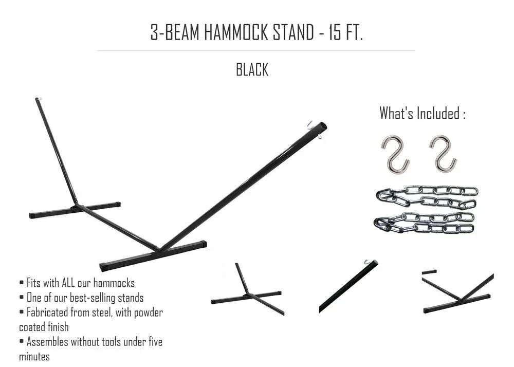 Black 3-beam hammock stand 15 ft with steel chains, S hooks, and assembly parts included