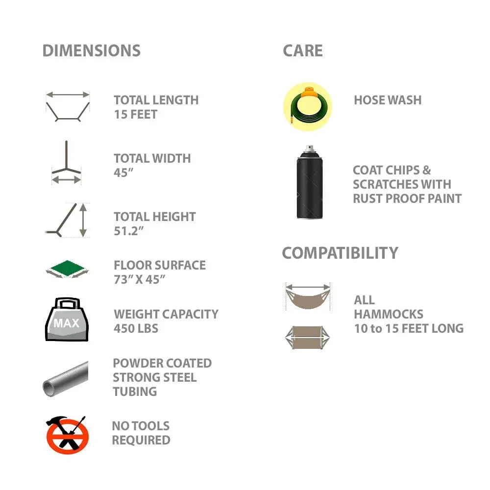 Tri-beam hammock stand features, dimensions, care, and compatibility chart.