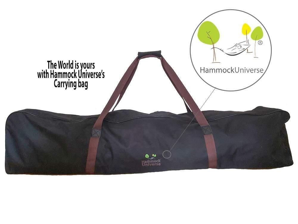 Hammock Universe black carrying bag with brown handles and brand logo on white background