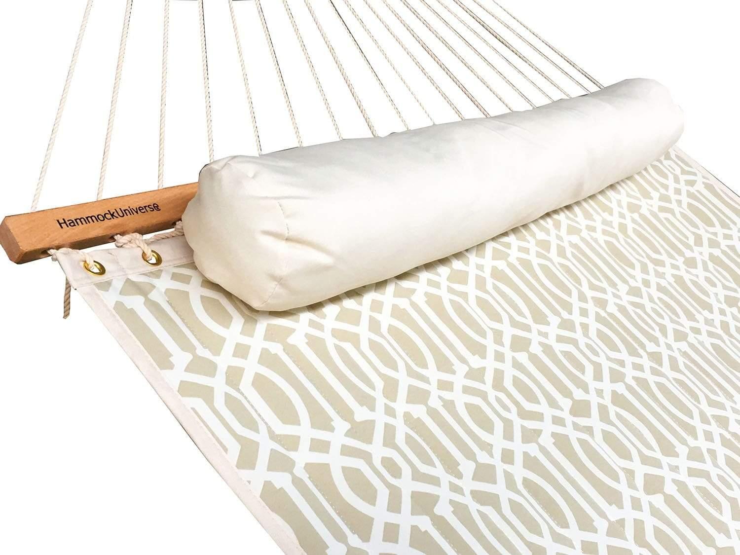 Beige patterned quilted hammock with pillow and wooden spreader bar, Hammock Universe brand