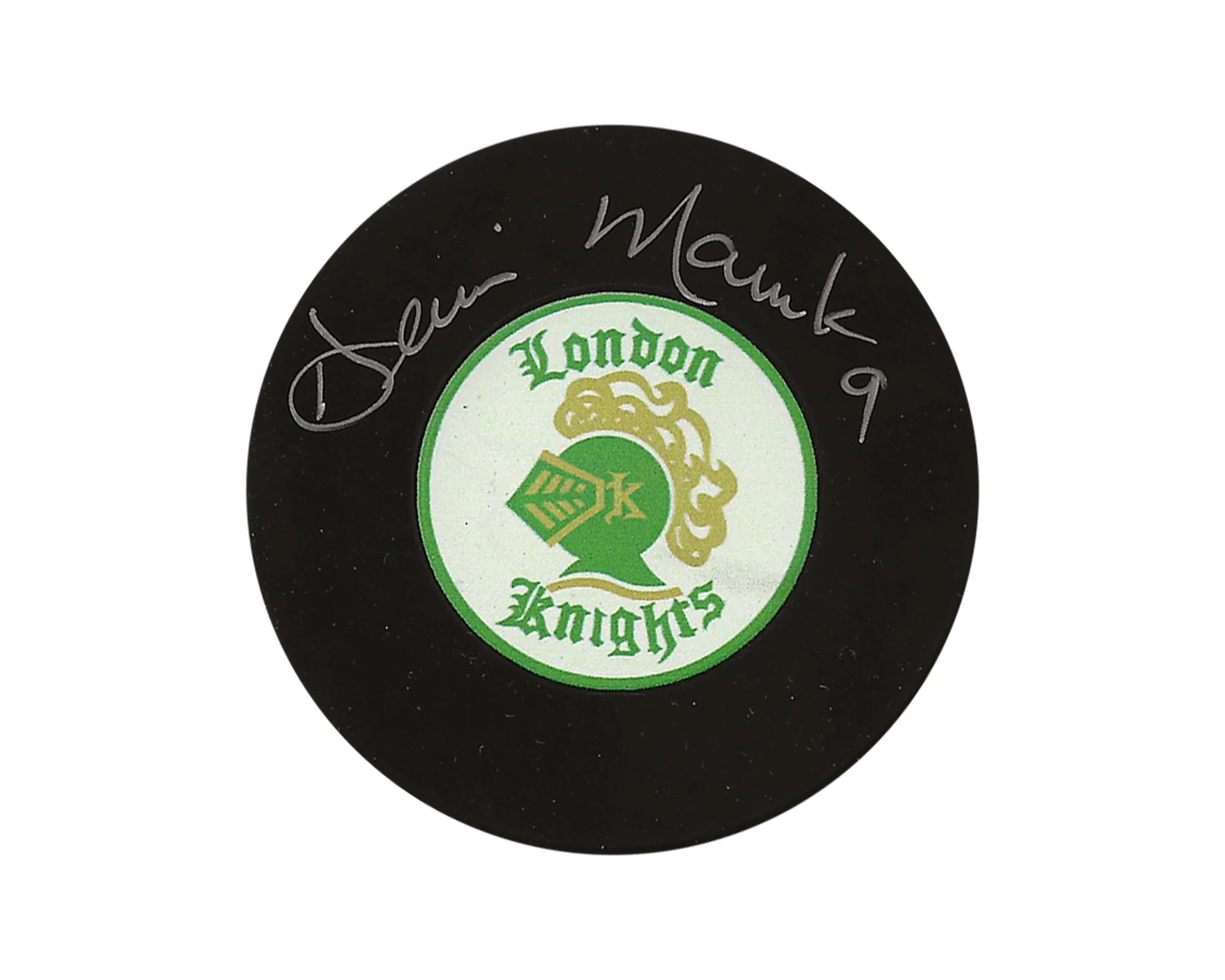London Knights logo hockey puck with silver autograph and number 9