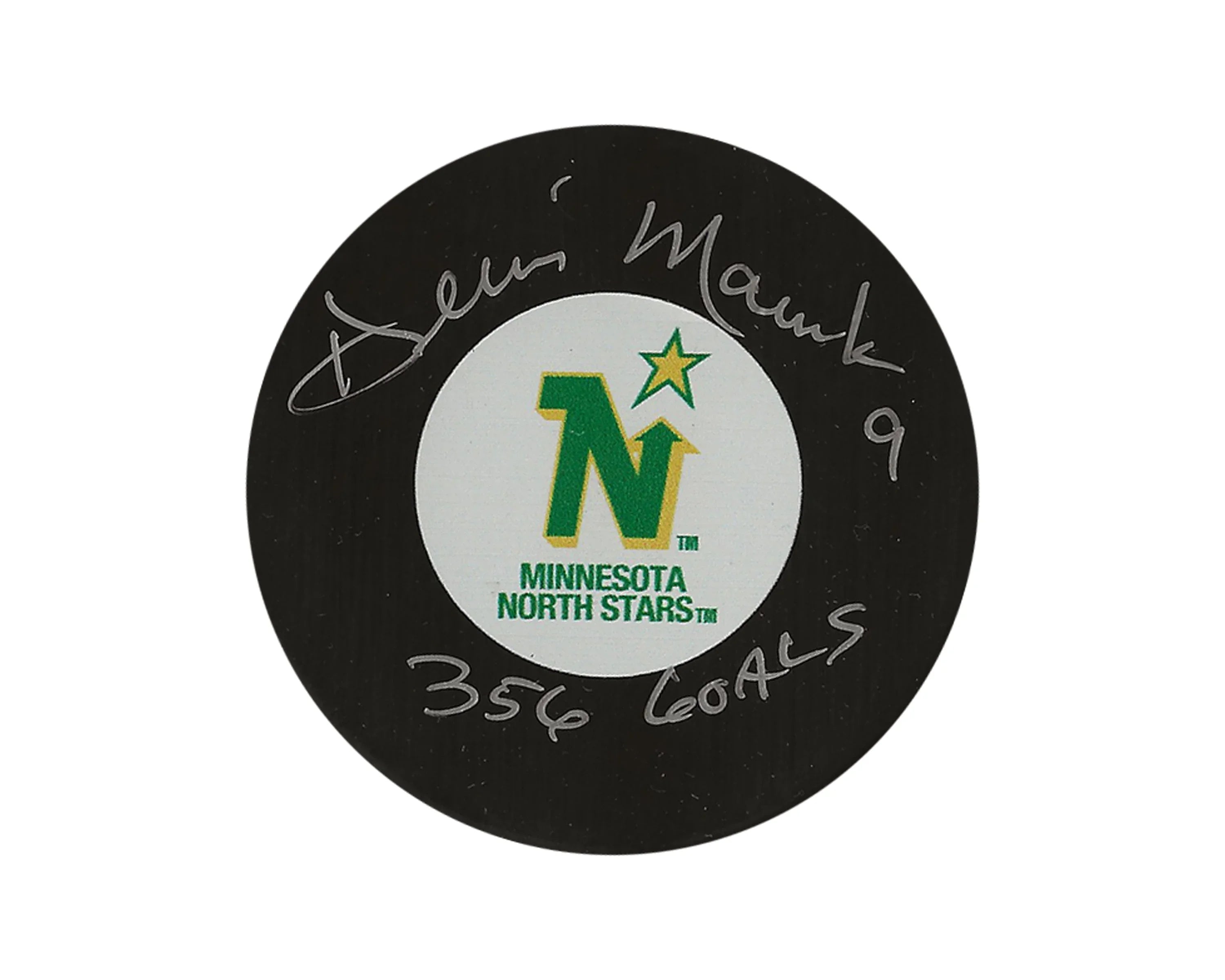 Signed Minnesota North Stars hockey puck with logo and handwritten 356 goals inscription