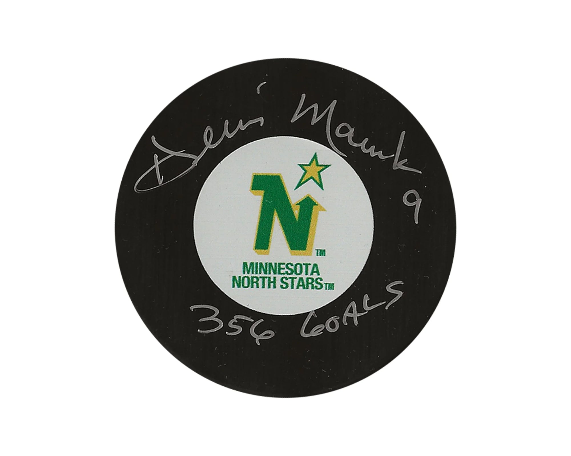 Signed Minnesota North Stars hockey puck with logo and handwritten 356 goals inscription
