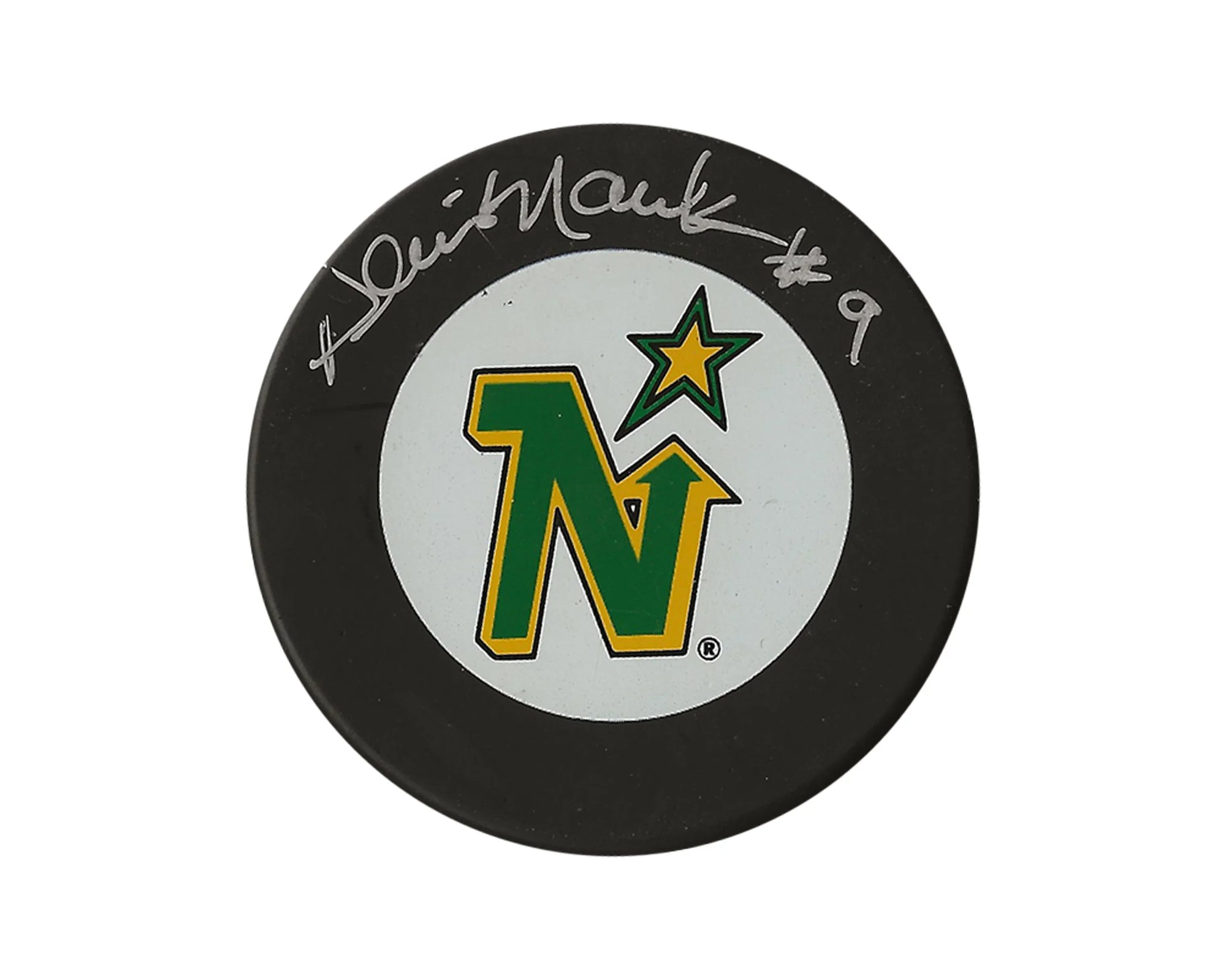 Signed Minnesota North Stars hockey puck with green and yellow N star logo