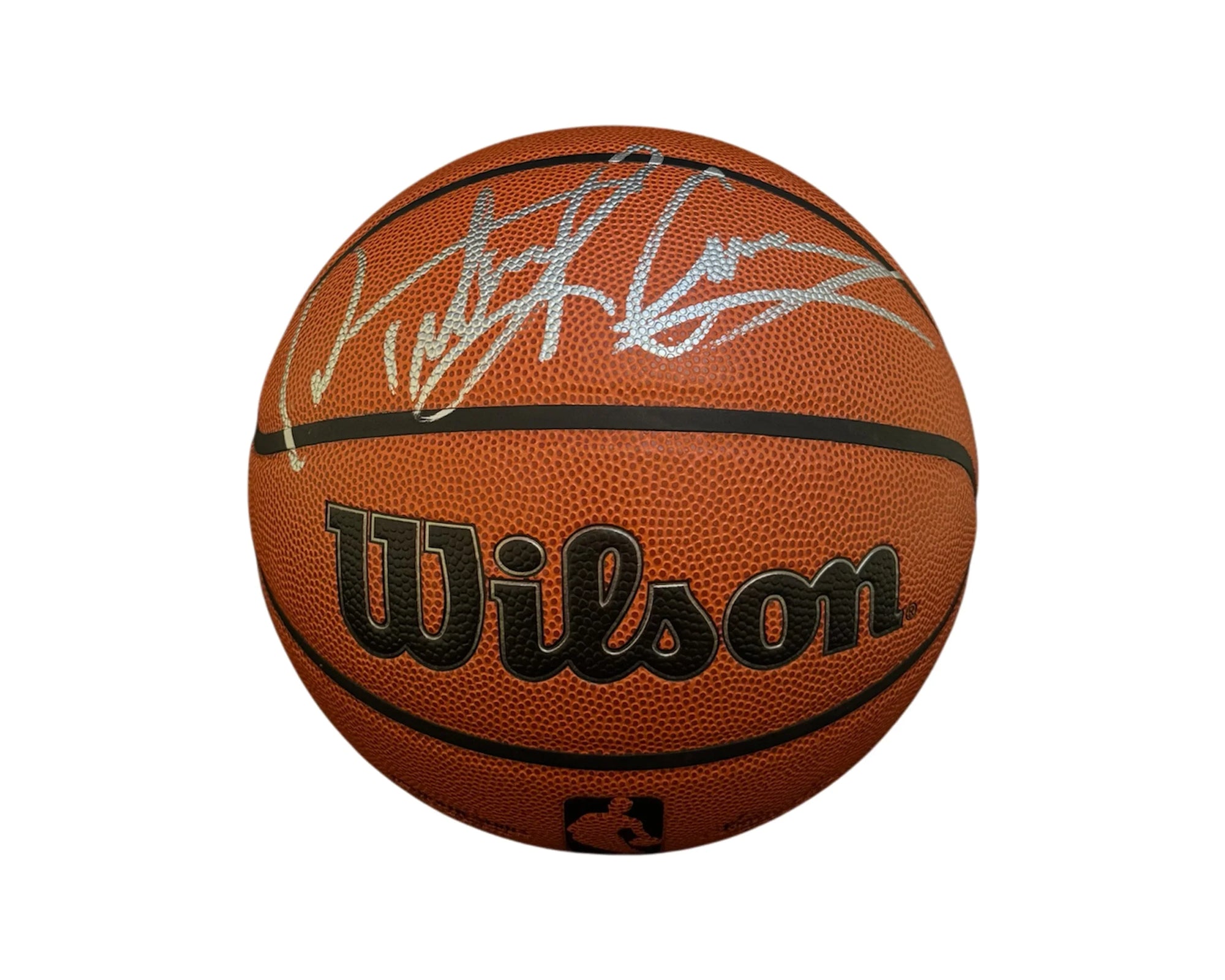 Wilson basketball with silver autograph on the front, official NBA logo visible