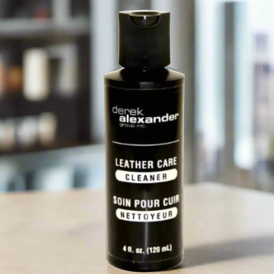 Derek Alexander travel size leather care cleaner bottle on a table, 4 fl oz, black label
