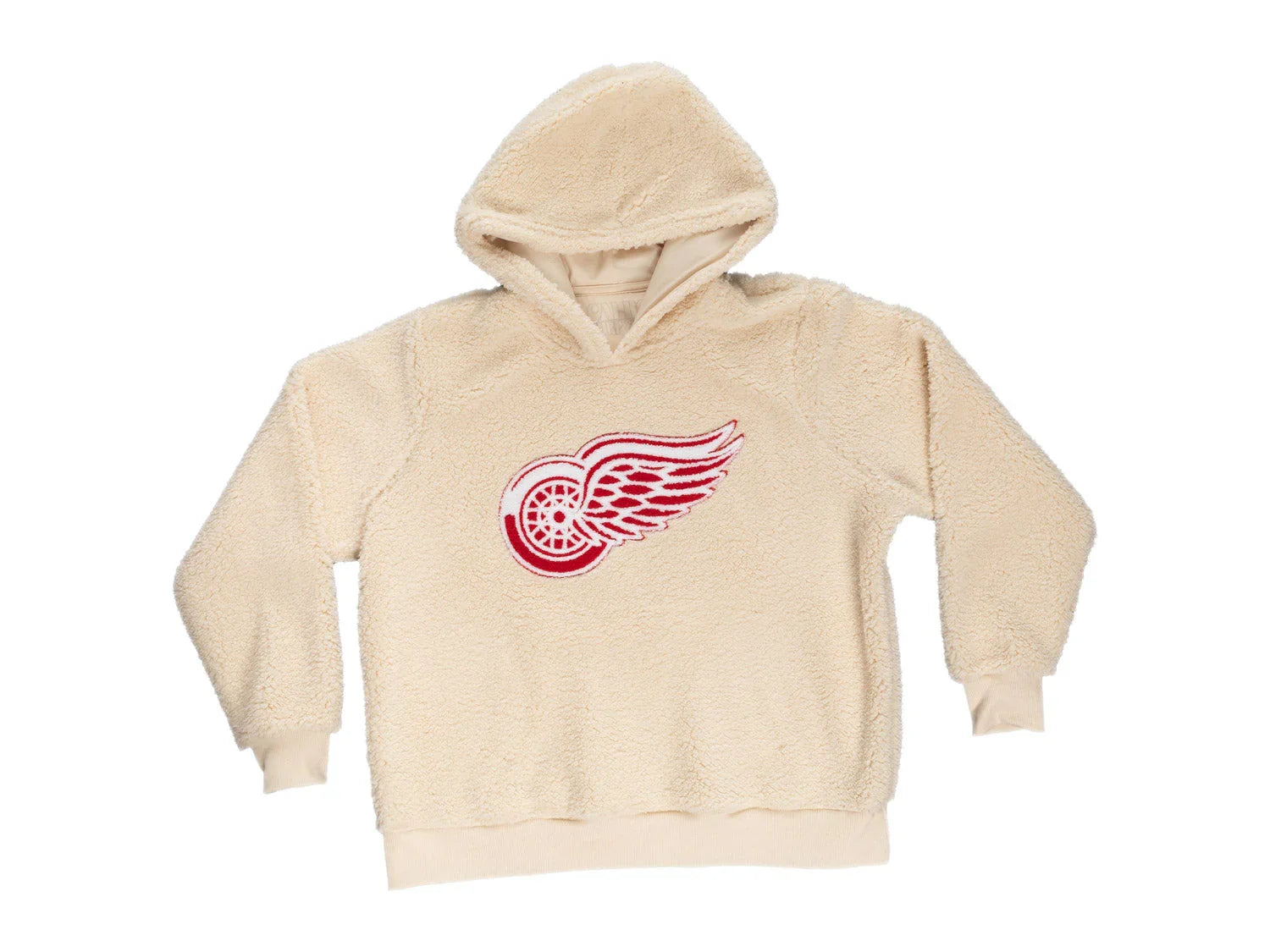 Beige sherpa hoodie with Detroit Red Wings logo on front, NHL fleece pullover apparel