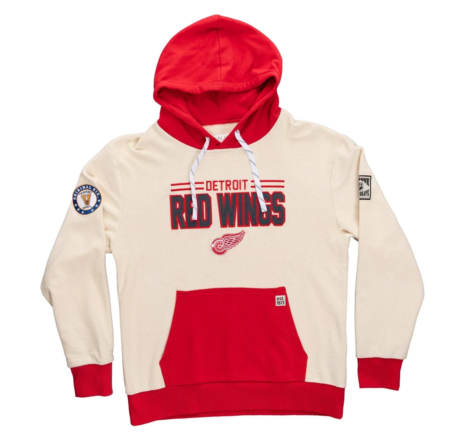 Detroit Red Wings cream hoodie with red hood, logo, front pocket, and team patches