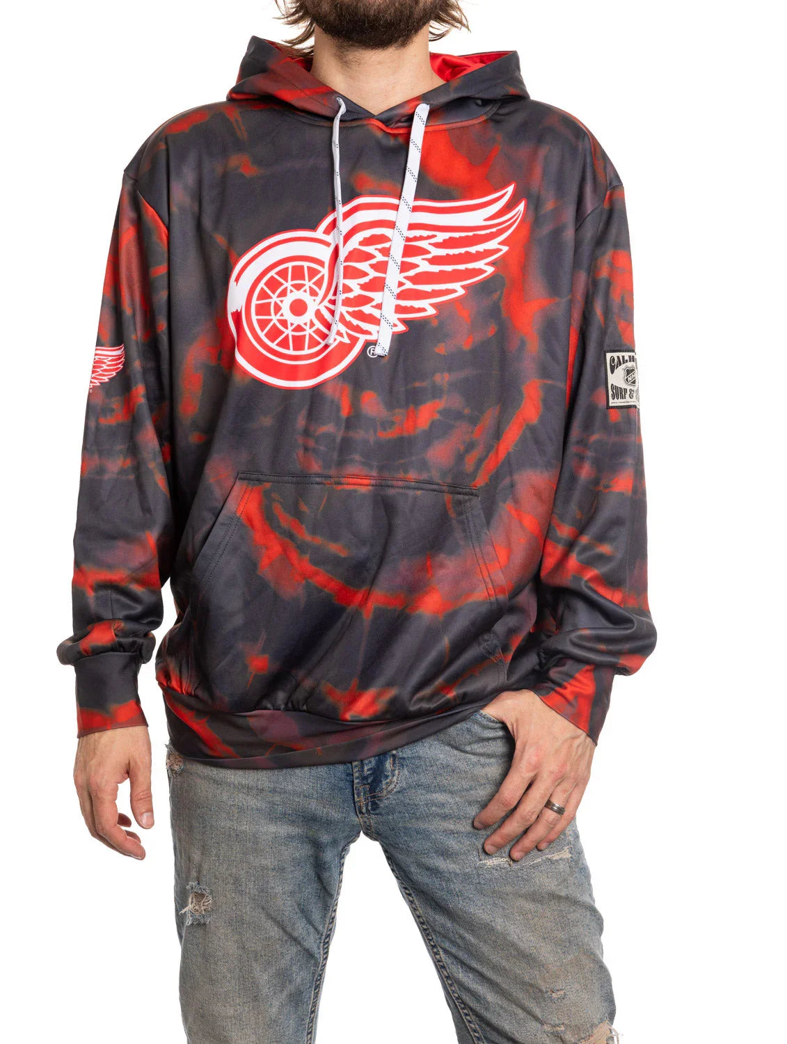 Detroit Red Wings sublimation hoodie with red and black tie-dye pattern, worn by a man