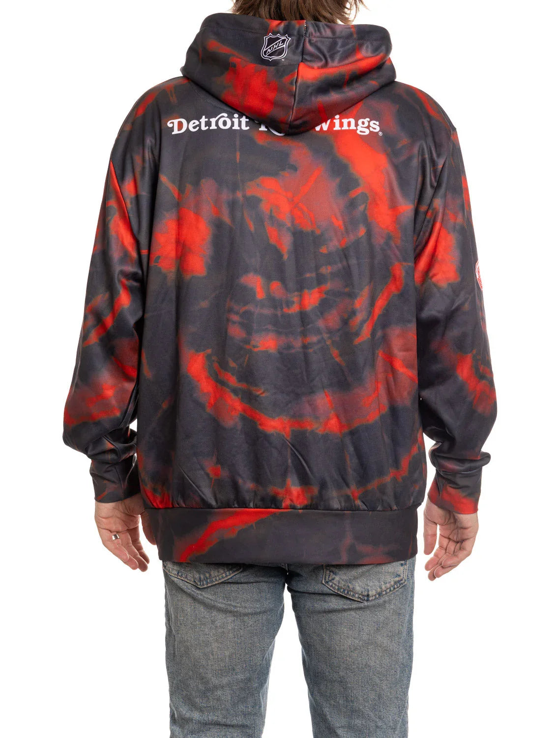 Back view of Detroit Red Wings tie-dye hoodie with NHL logo and red-black pattern