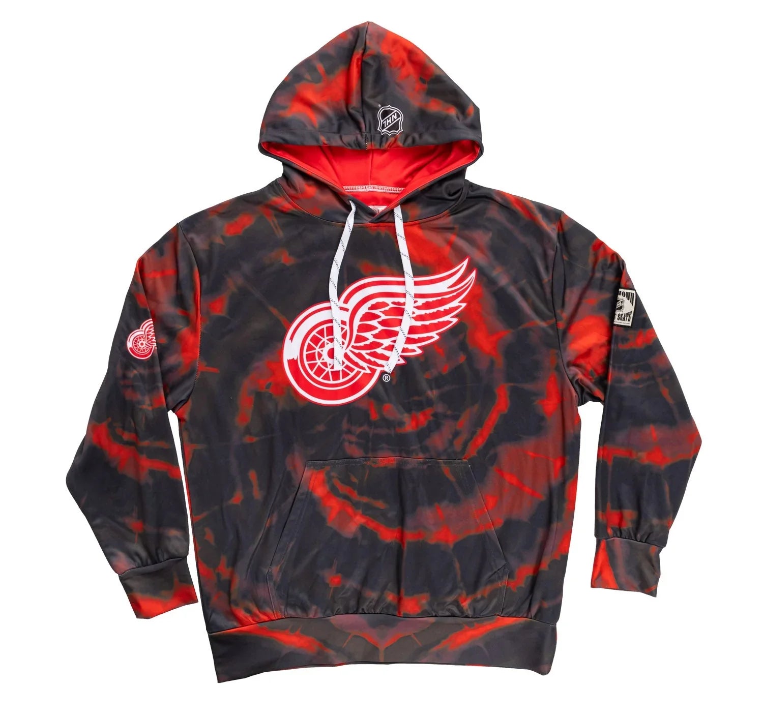 Detroit Red Wings tie-dye hooded sweatshirt with large front logo and NHL branding