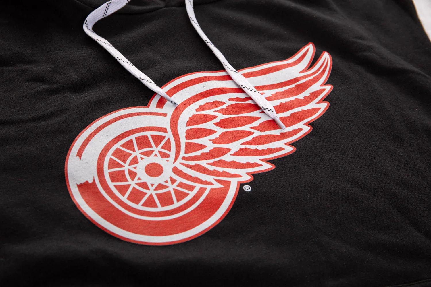 Black hoodie with Detroit Red Wings logo and white drawstrings, hockey fan apparel