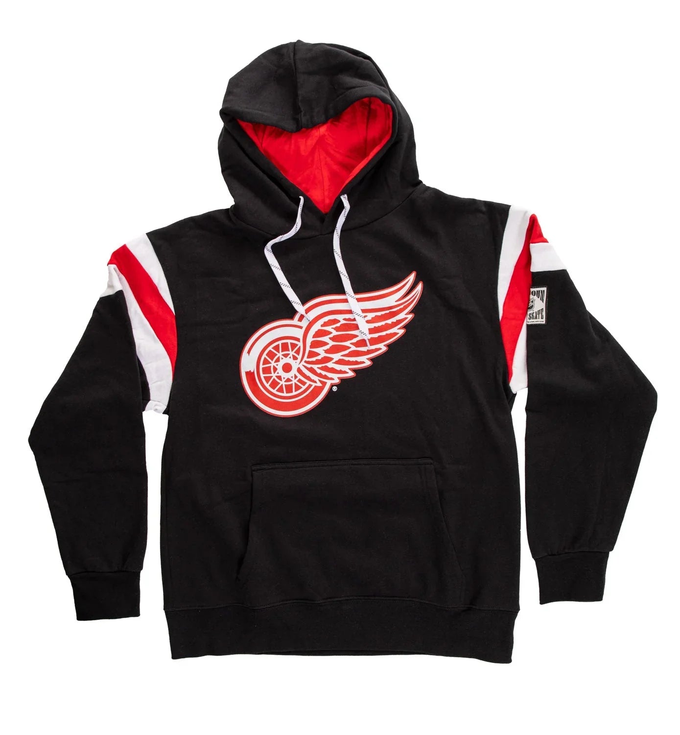 Black Detroit Red Wings varsity hoodie with red and white accents and front logo