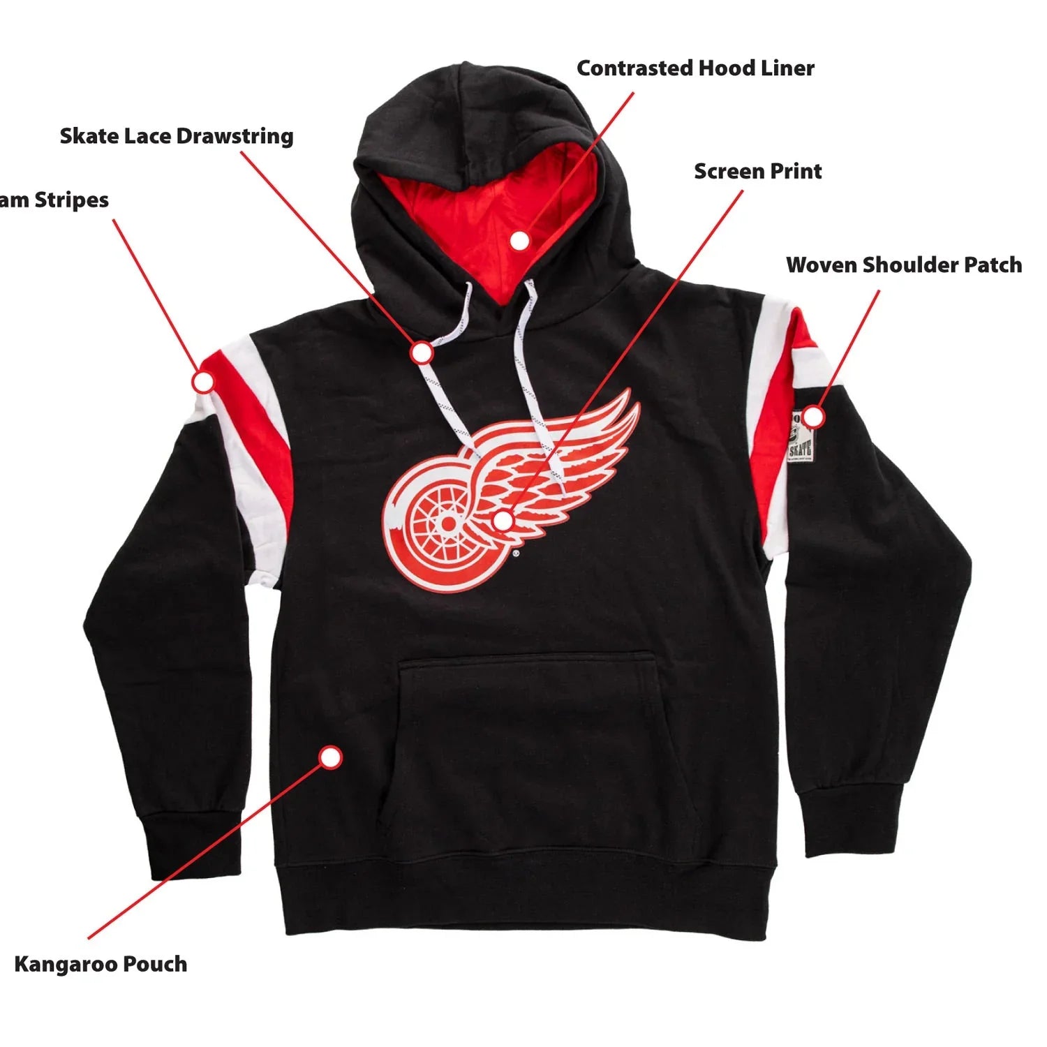 Black Detroit Red Wings varsity hoodie with red-white stripes, logo, drawstring, and pouch pocket