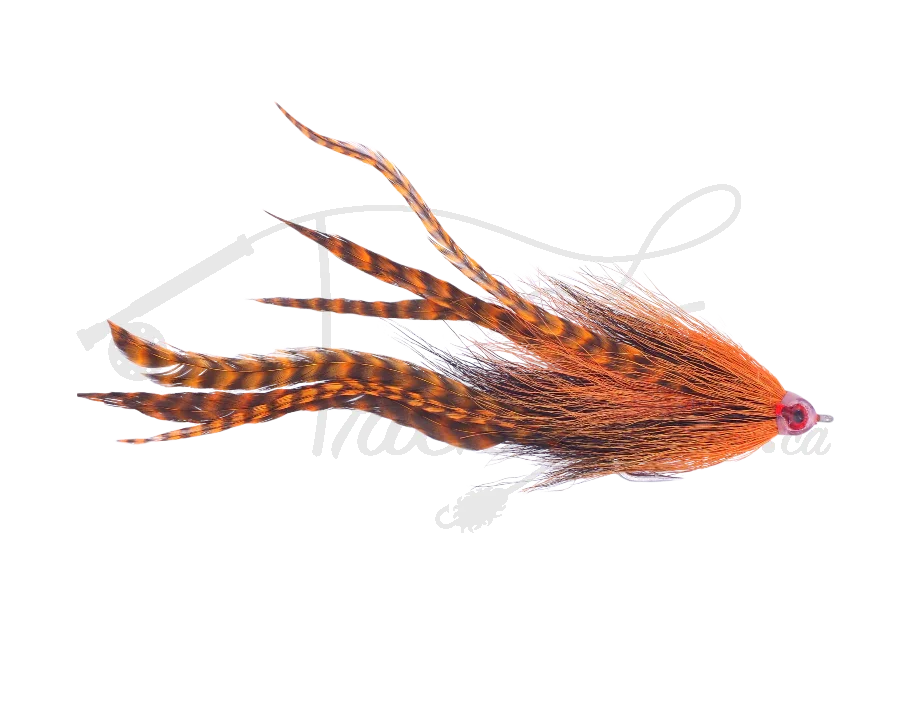 Orange and black striped fishing streamer fly lure with feather detail on white background