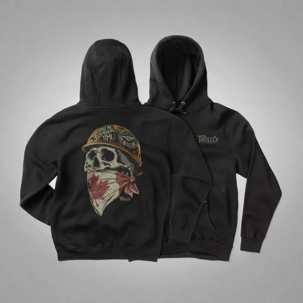 Black hoodie with skull and maple leaf bandana graphic, Troll Co. Canada workwear