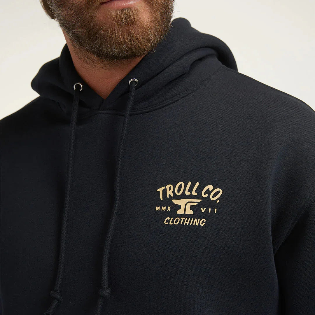 Black Troll Co. Clothing hoodie with logo and drawstrings, worn by bearded man