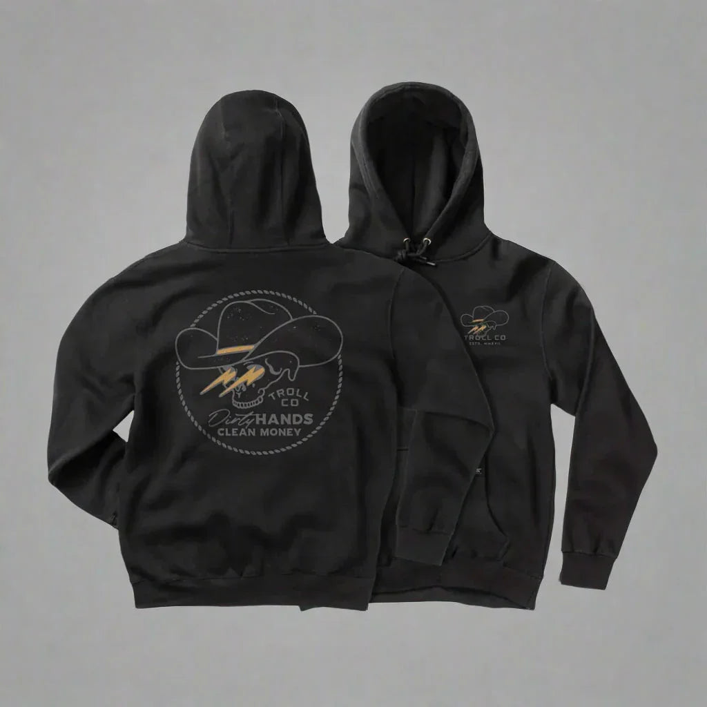 Black Savage hoodie with cowboy skull graphic, Troll Co. logo, and 'Dirty Hands Clean Money' text