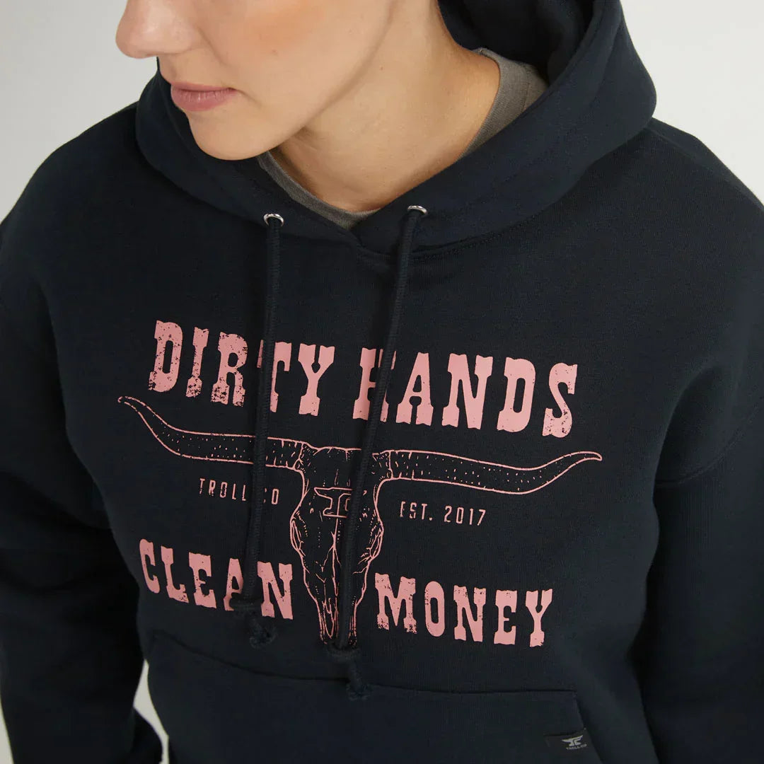 Person wearing black hoodie with 'Dirty Hands Clean Money' and steer skull graphic