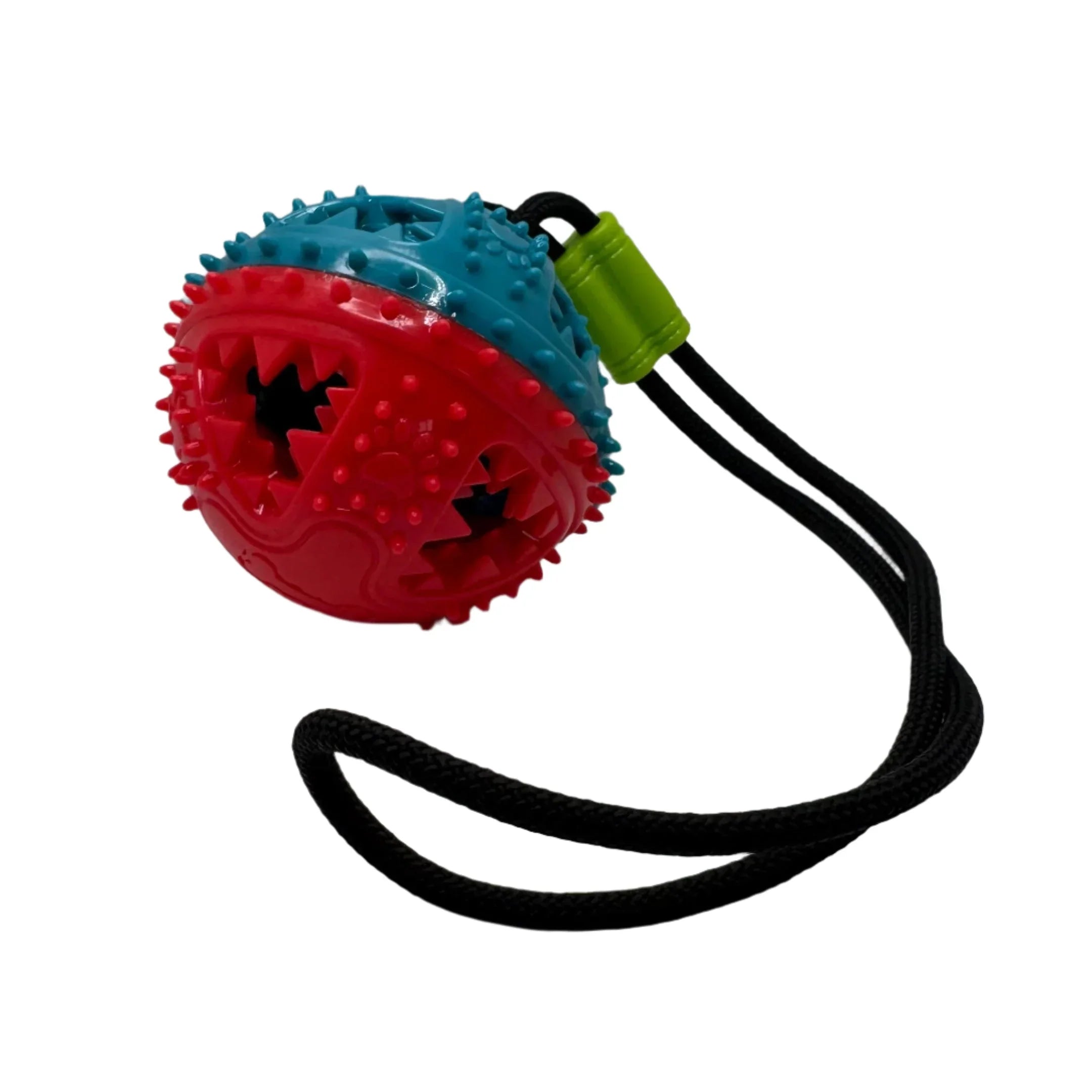 Colorful textured dog chew ball toy with rope, red and blue spiked surface, pet accessory