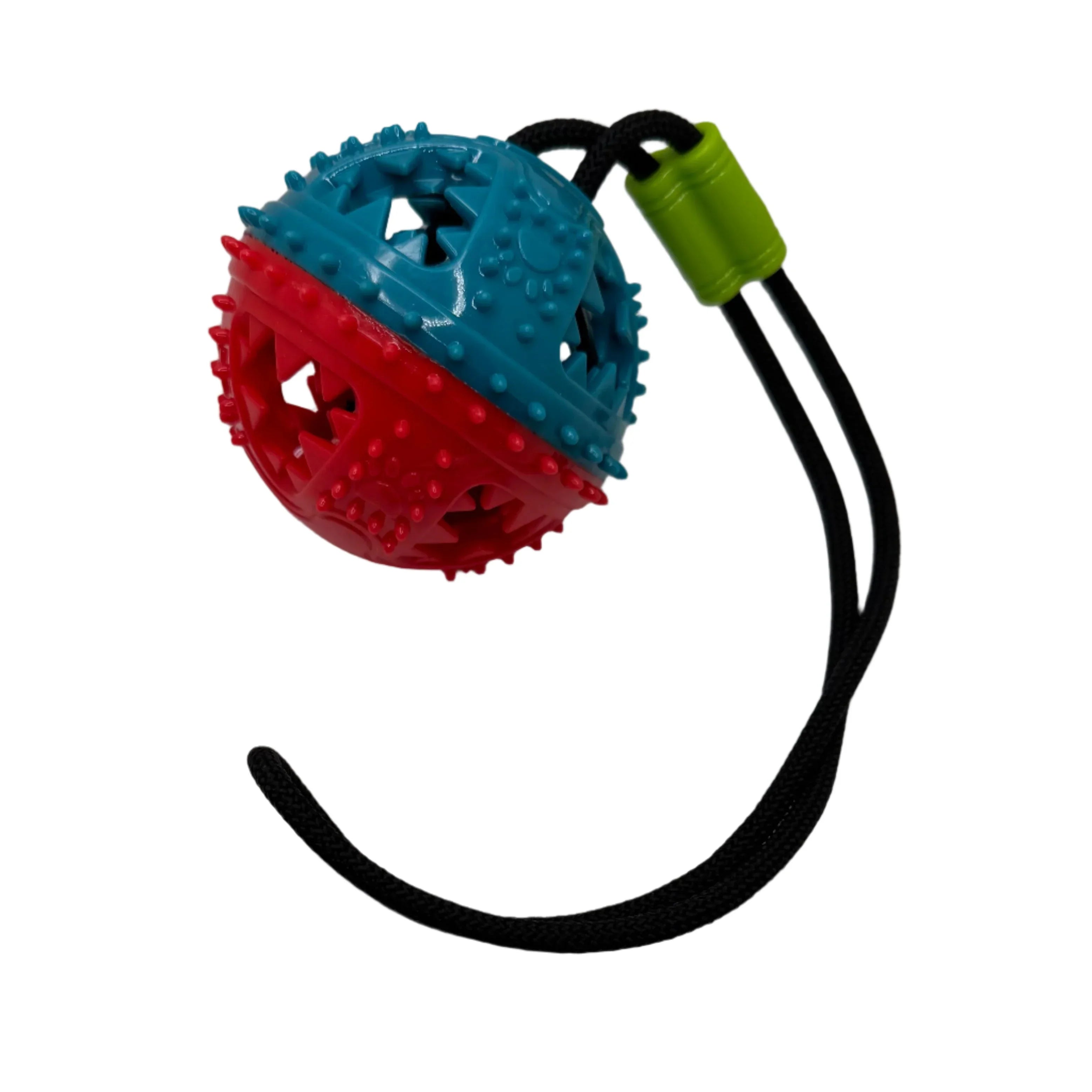 Red and blue spiked dog ball toy with black rope and green handle on white background