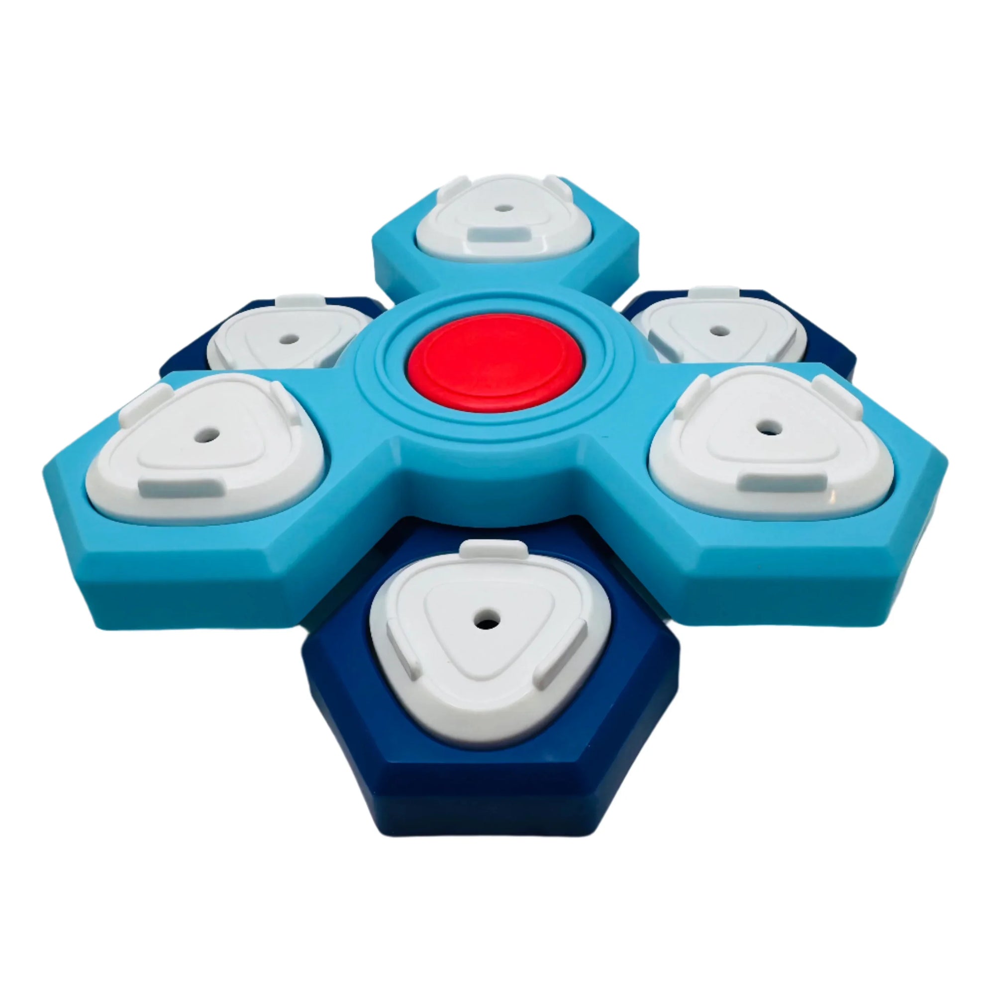Blue and white interactive dog puzzle toy with red center for pet enrichment