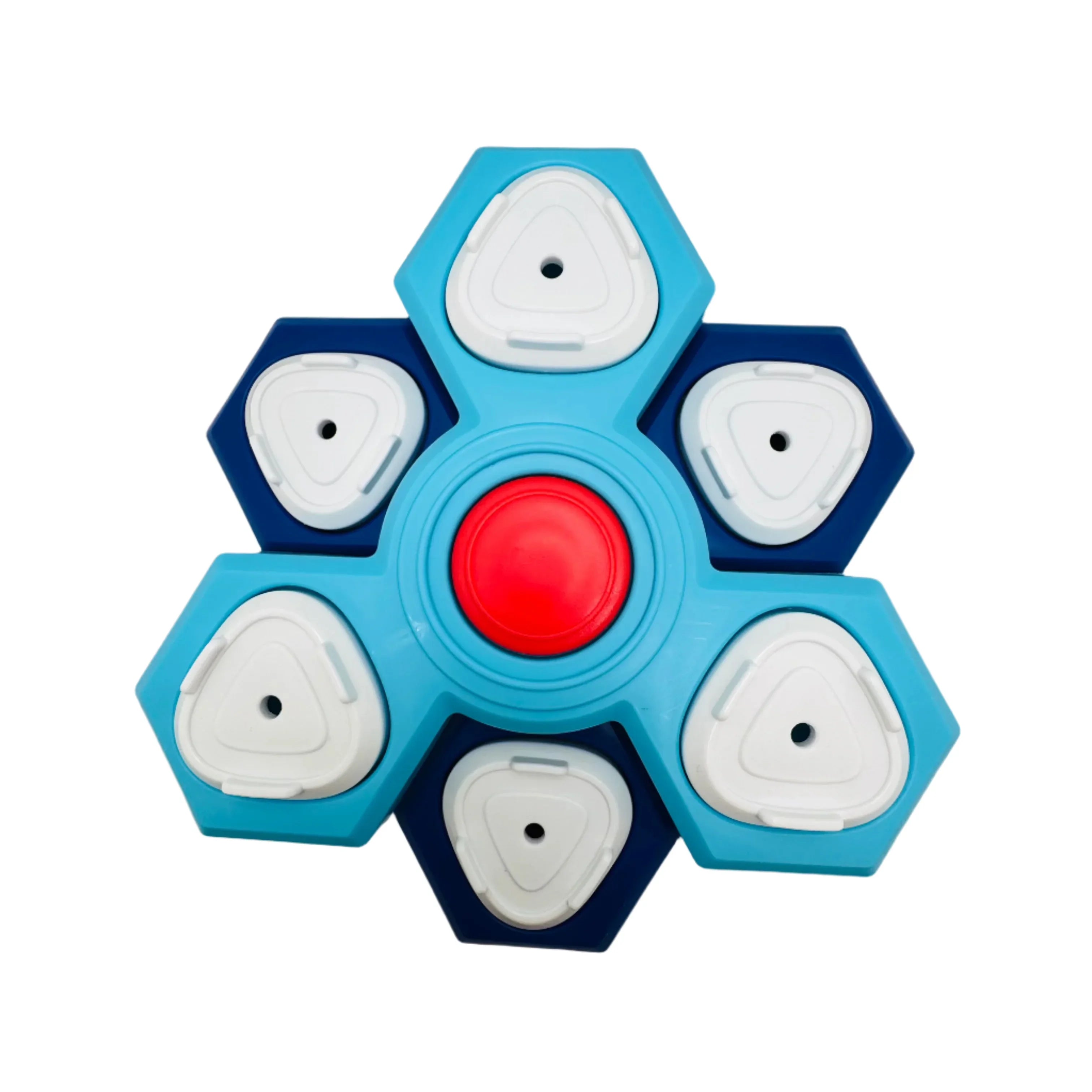 Hexagonal blue pet puzzle toy with white sliders and red center button