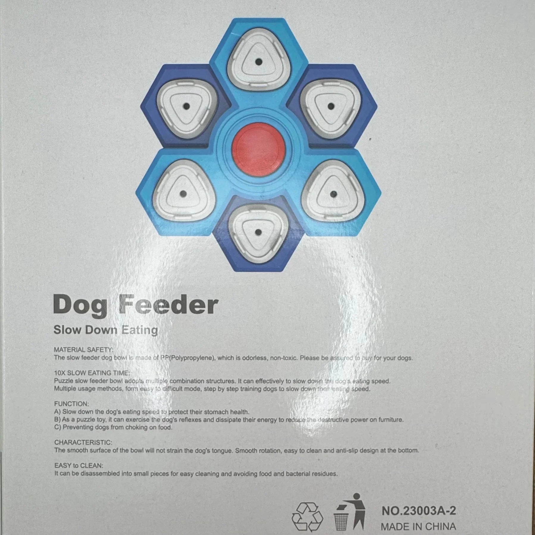 Dog feeder puzzle toy in blue with six compartments for slow eating, pet product packaging