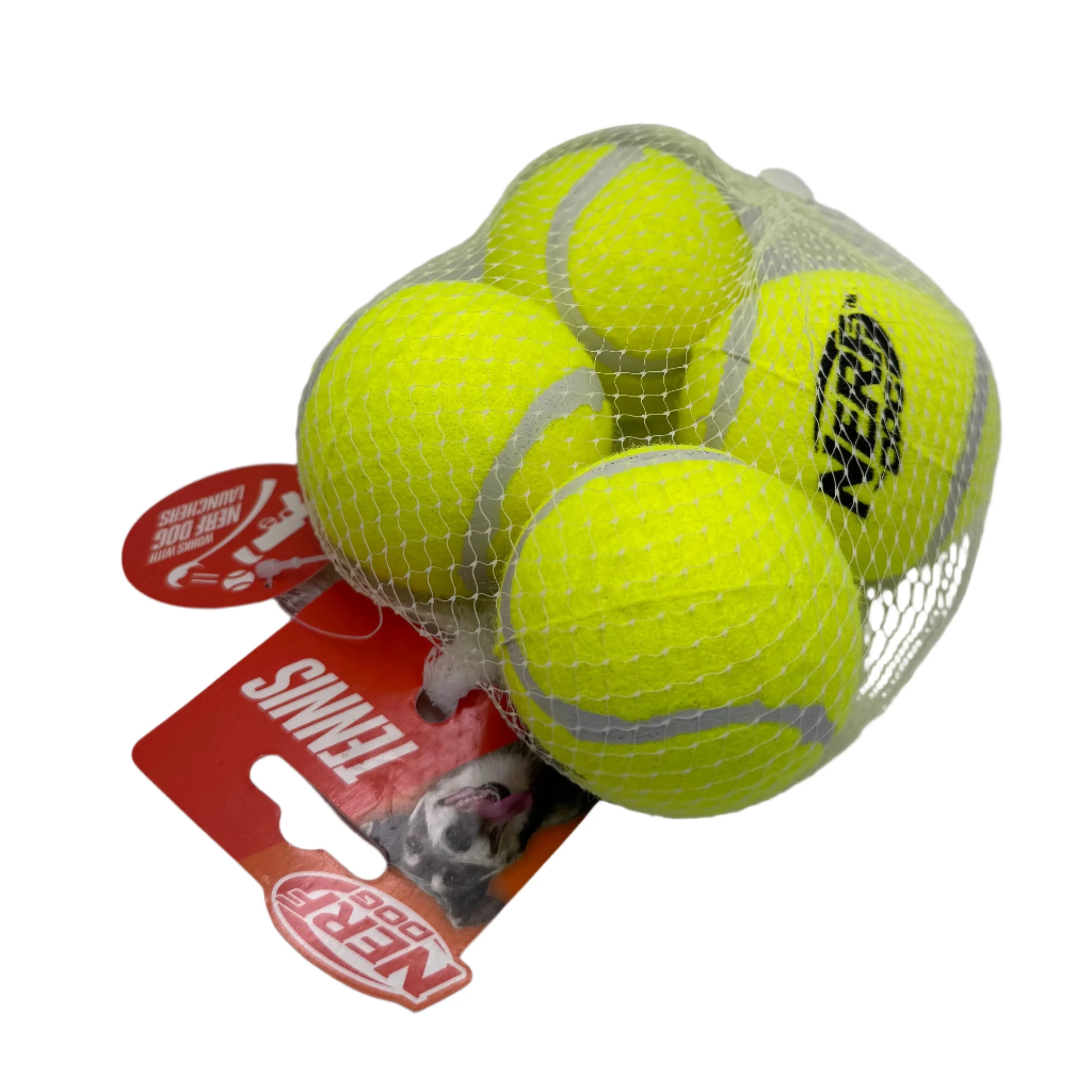 Nerf Dog tennis balls for pets in yellow mesh packaging with branded red tag