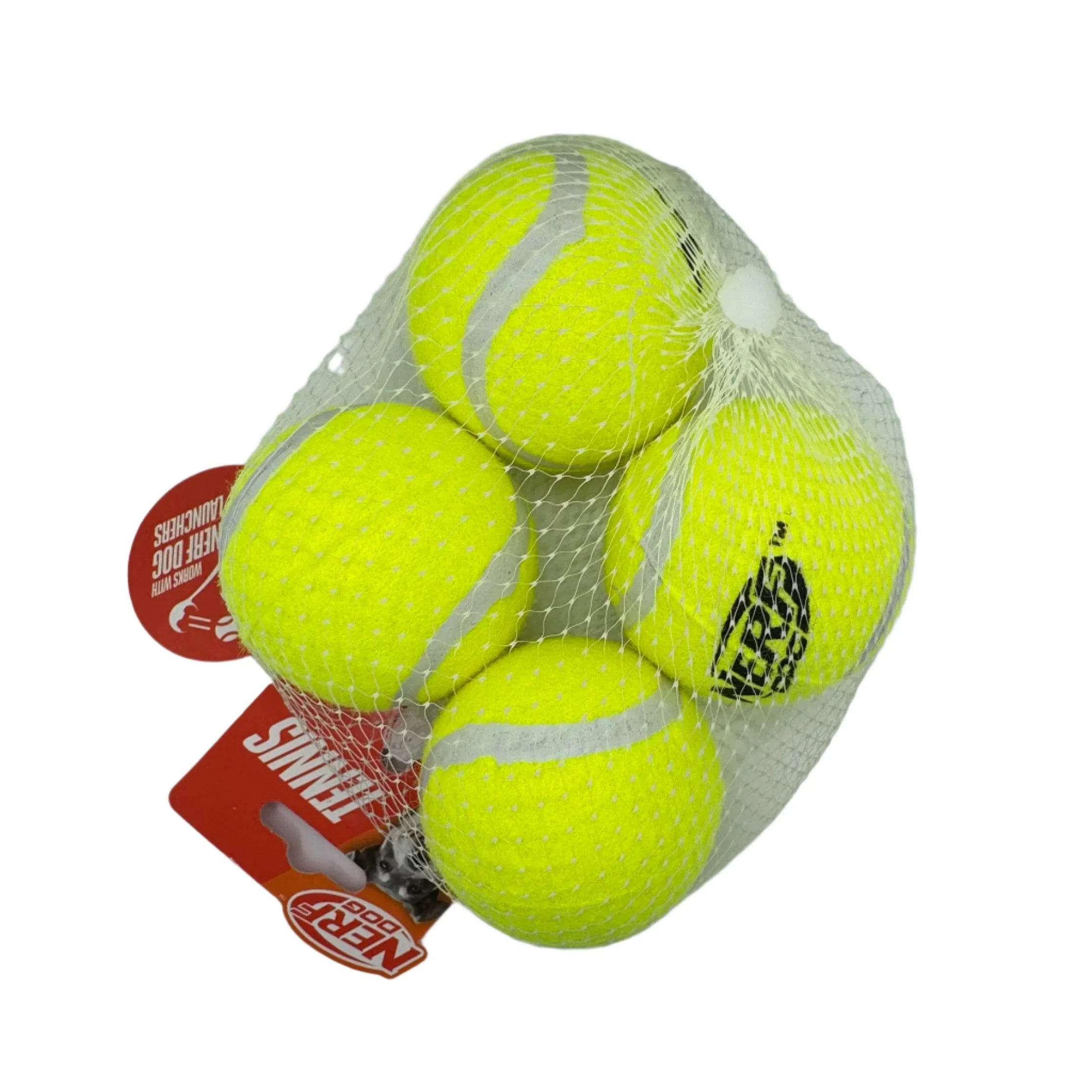 Pack of four yellow tennis balls in mesh bag for dogs with red label