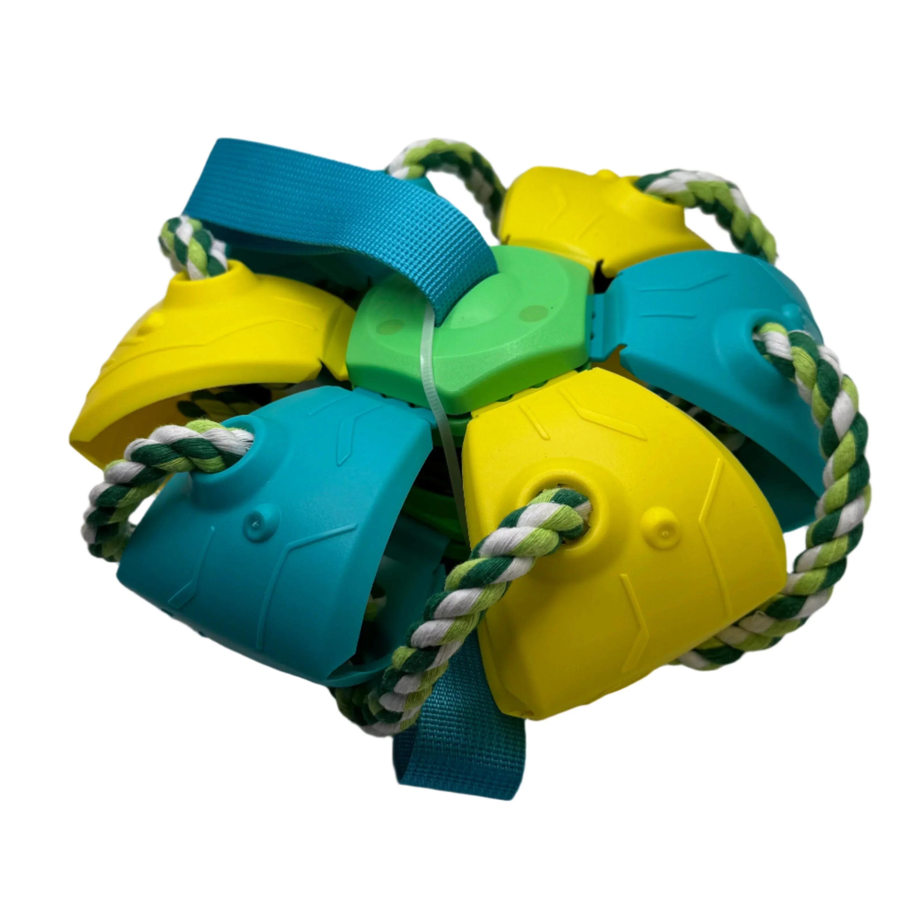 Colorful dog toy ball with blue, yellow plastic panels and green-white rope sections