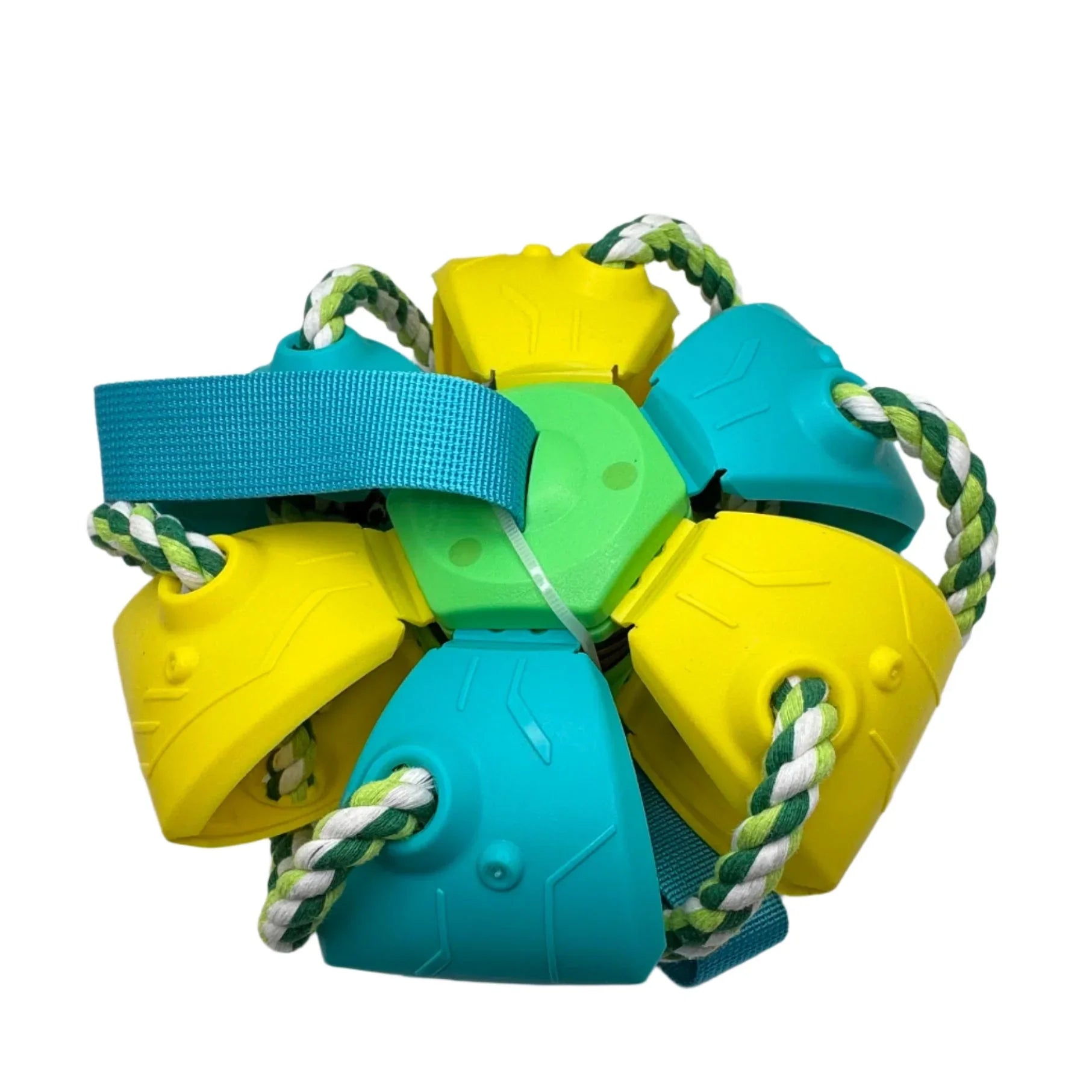Colorful dog chew toy ball with yellow and blue plastic panels and green rope handles