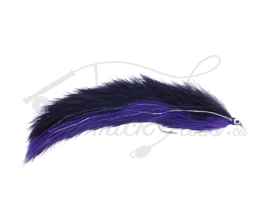 Double Bunny streamer fly in black and purple with iridescent accent, fishing lure closeup