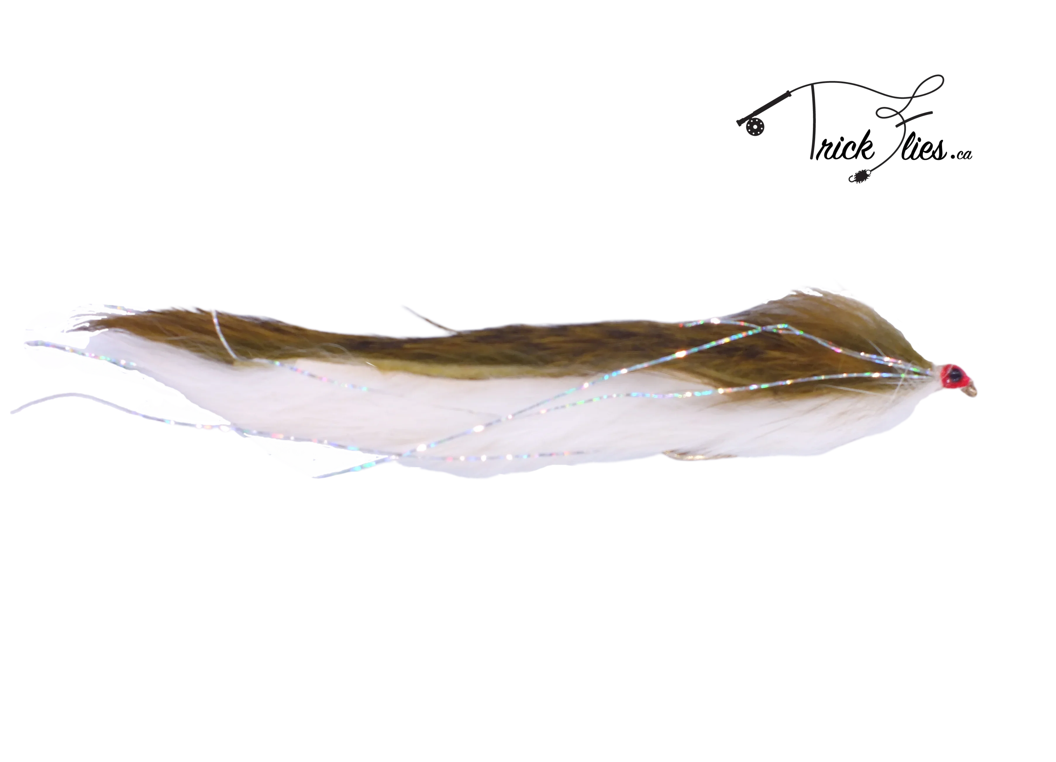 Double Bunny olive and white streamer fly with iridescent strands on a black background