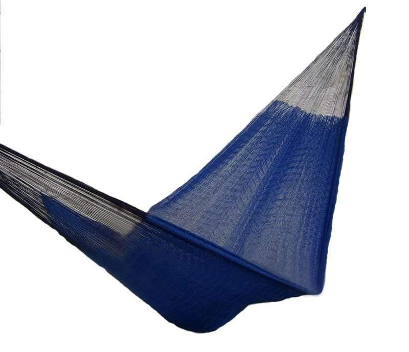 Handwoven Mayan blue hammock with black and white ends on white background