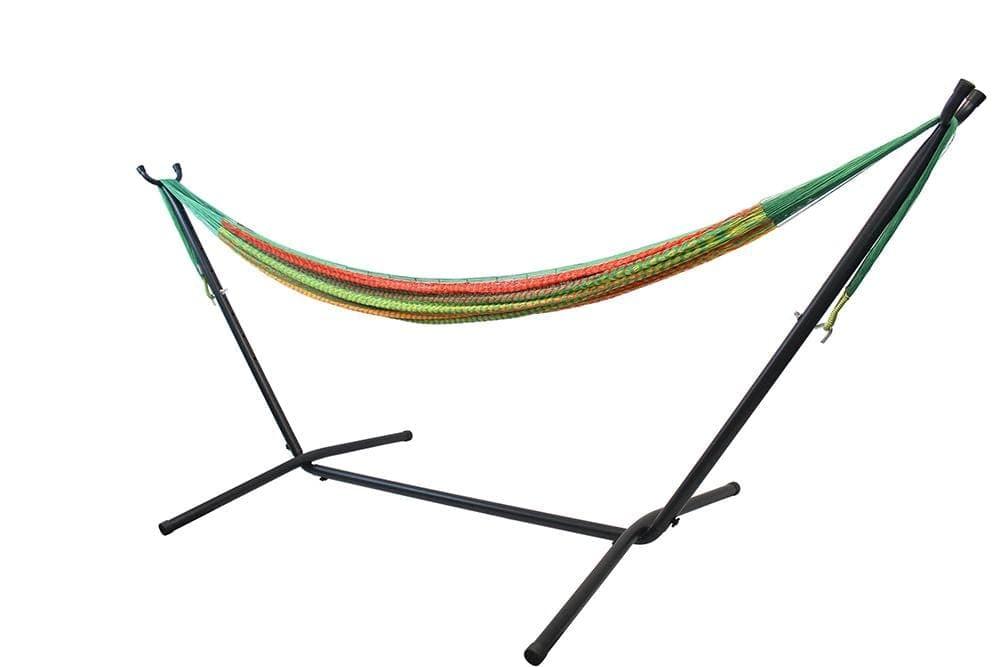 Double hammock with multicolor fabric on a black universal metal stand