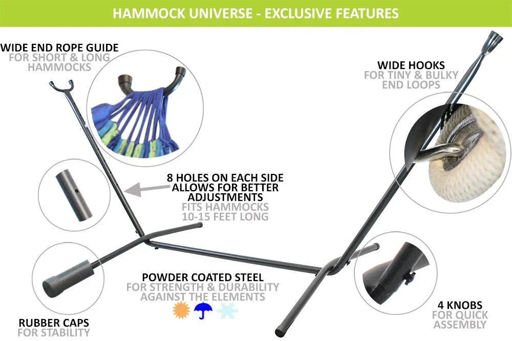 Hammock stand with adjustable steel frame, wide hooks, rubber caps, and close-up feature highlights.