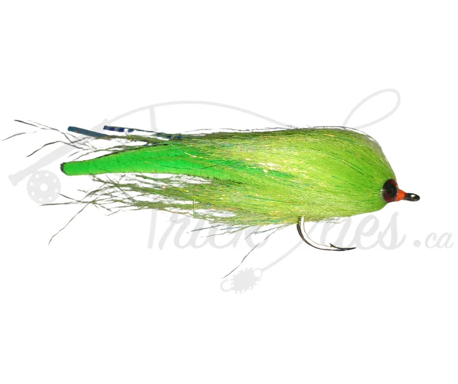 Chartreuse green Dragon Tail fishing fly lure with shiny fibers and black eyes on white background