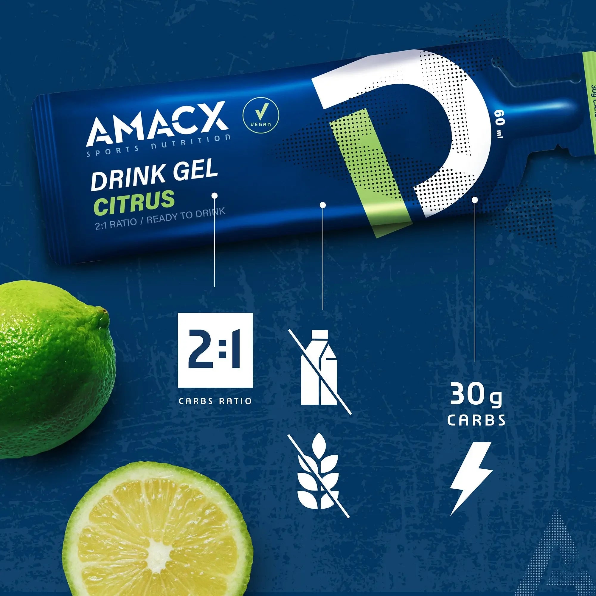 Amacx Drink Gel Citrus pack with lime, 2:1 carbs ratio, vegan, 30g carbs, blue background