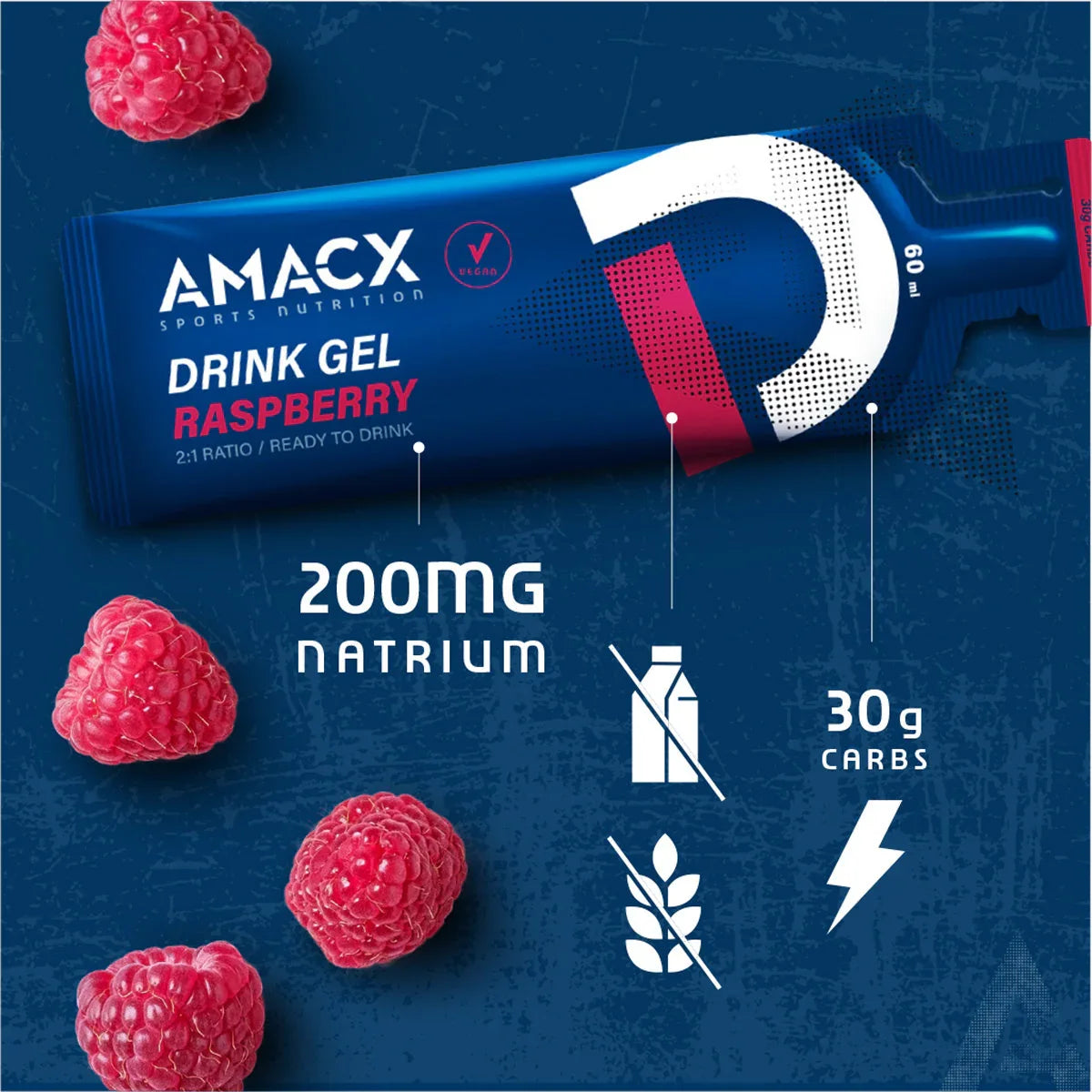 AMACX Drink Gel Raspberry sports nutrition gel pouch with fresh raspberries on blue background