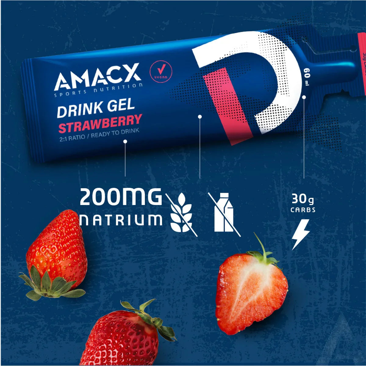 AMACX Drink Gel Strawberry sports nutrition sachet with fresh strawberries on blue background