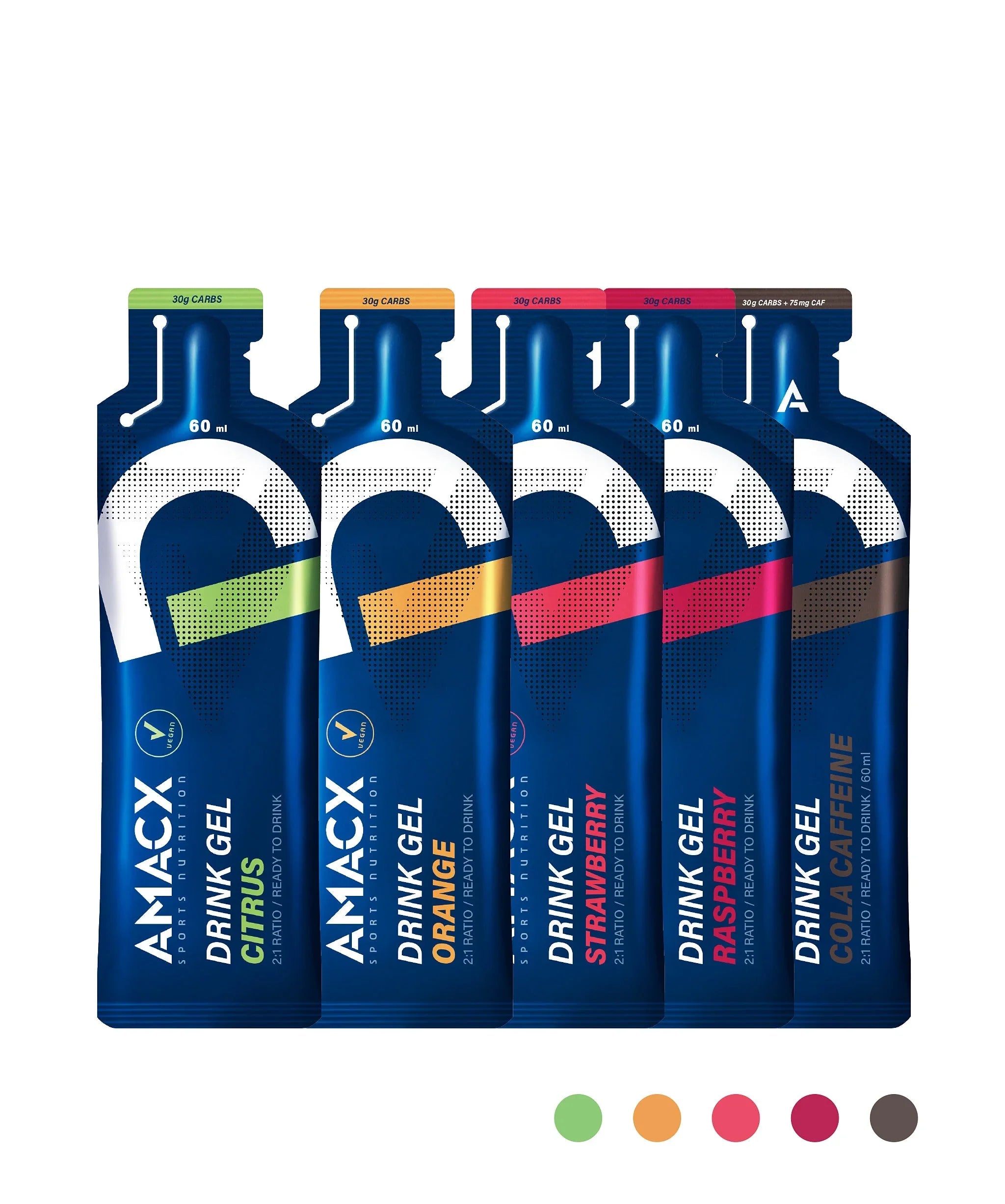 AMACX energy gels in citrus, orange, strawberry, raspberry, and cola flavors, upright.